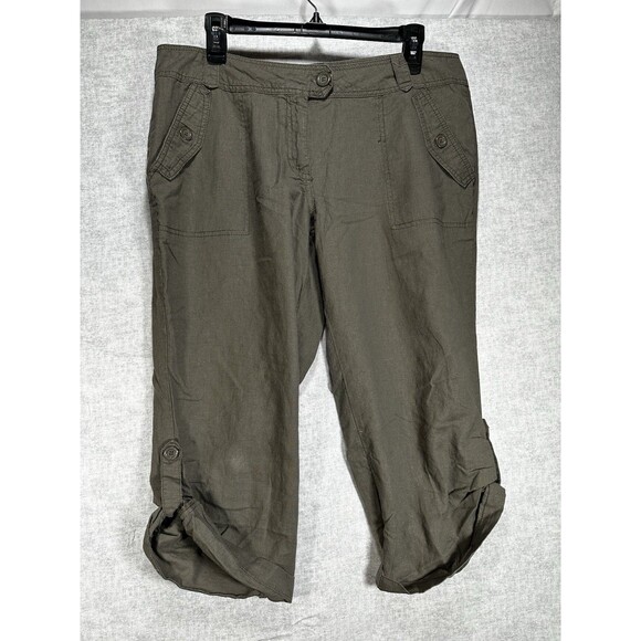 Paper Tee 100% Linen Straight Leg Cropped Pants Gray Green Capri Size 13 - Picture 1 of 6